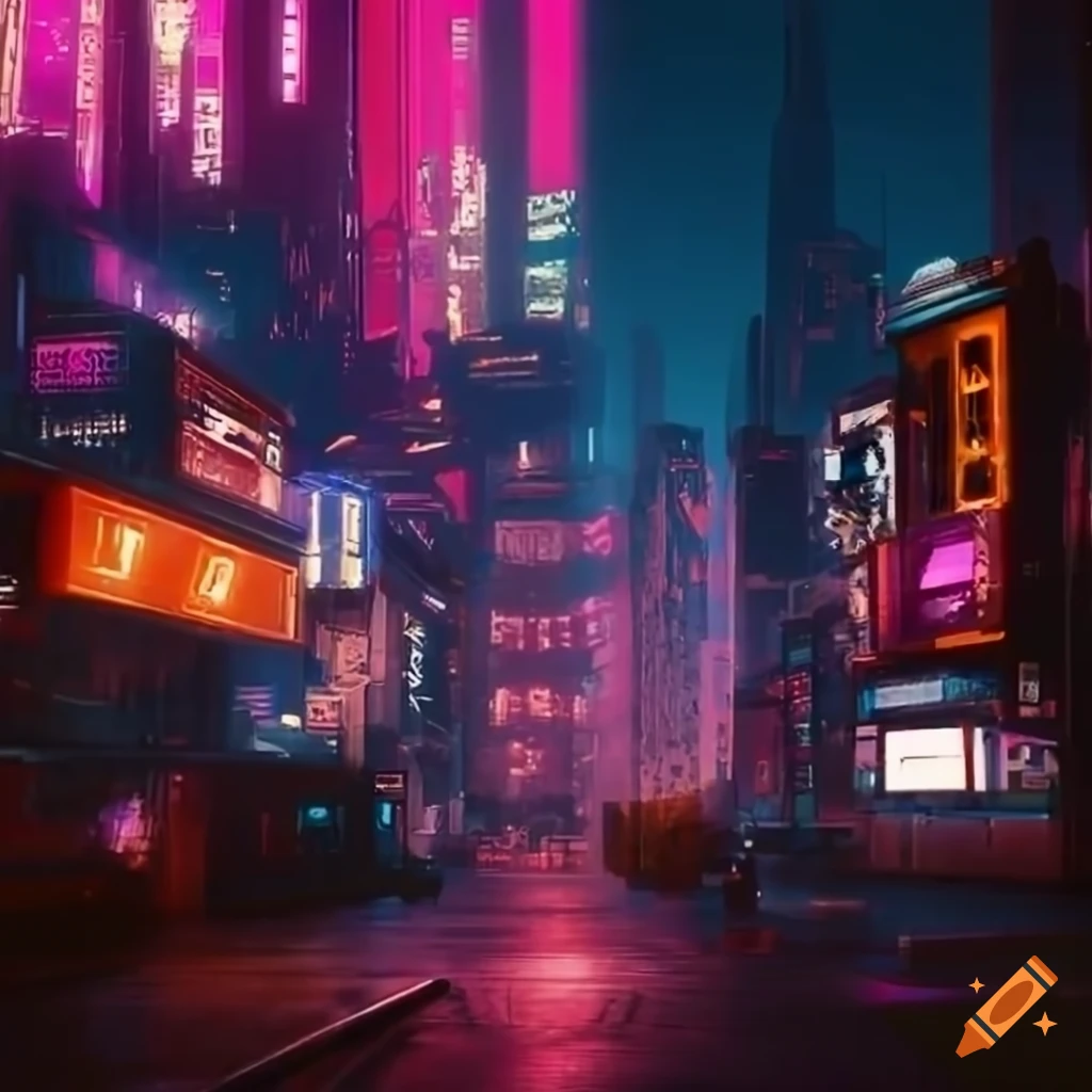 Cyberpunk 2077 themed city scale in an image size of 1920 x 1080 on Craiyon