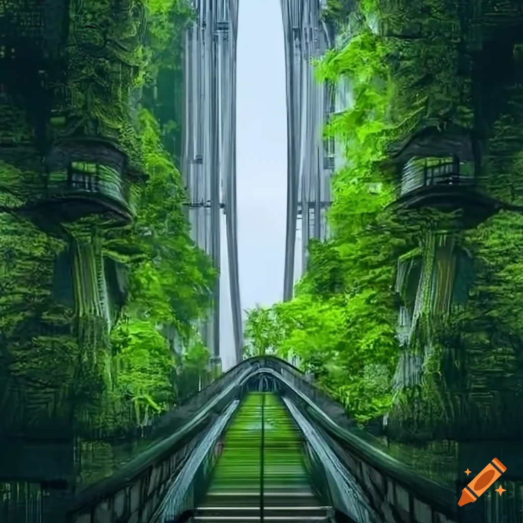 Two futuristic towers with a skybridge covered in lush foliage, digital ...