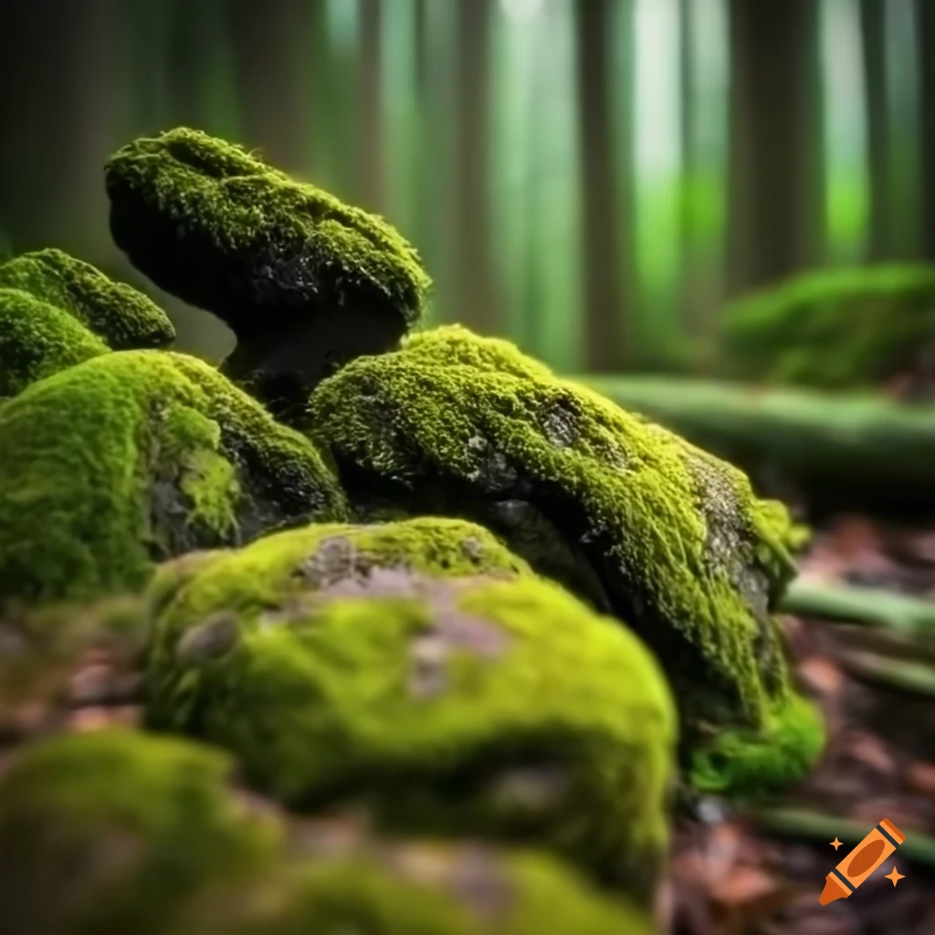 Close-up of moss-covered rocks in a dark forest on Craiyon