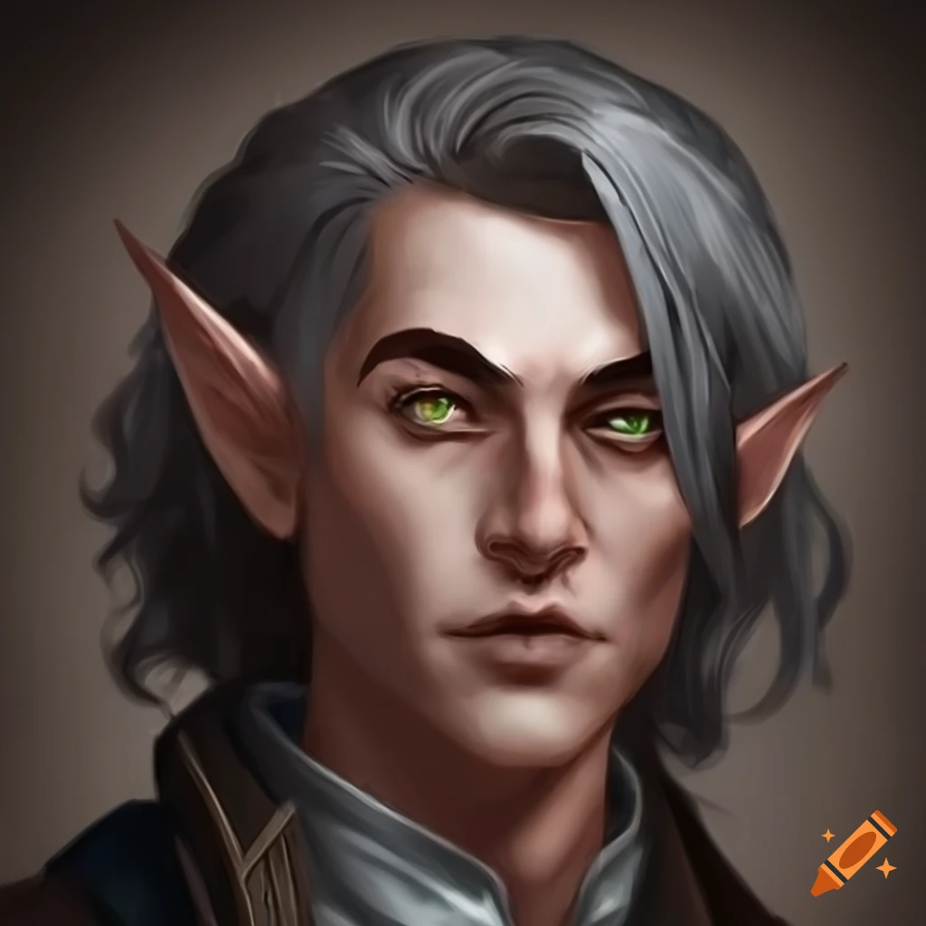Middle aged male half-elf shop keeper gray hair