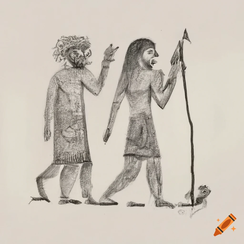 Pencil sketch of men, woman, children and animals ancient pictograph