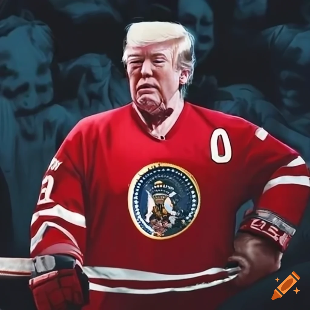 former US president Donald Trump wearing hockey jersey