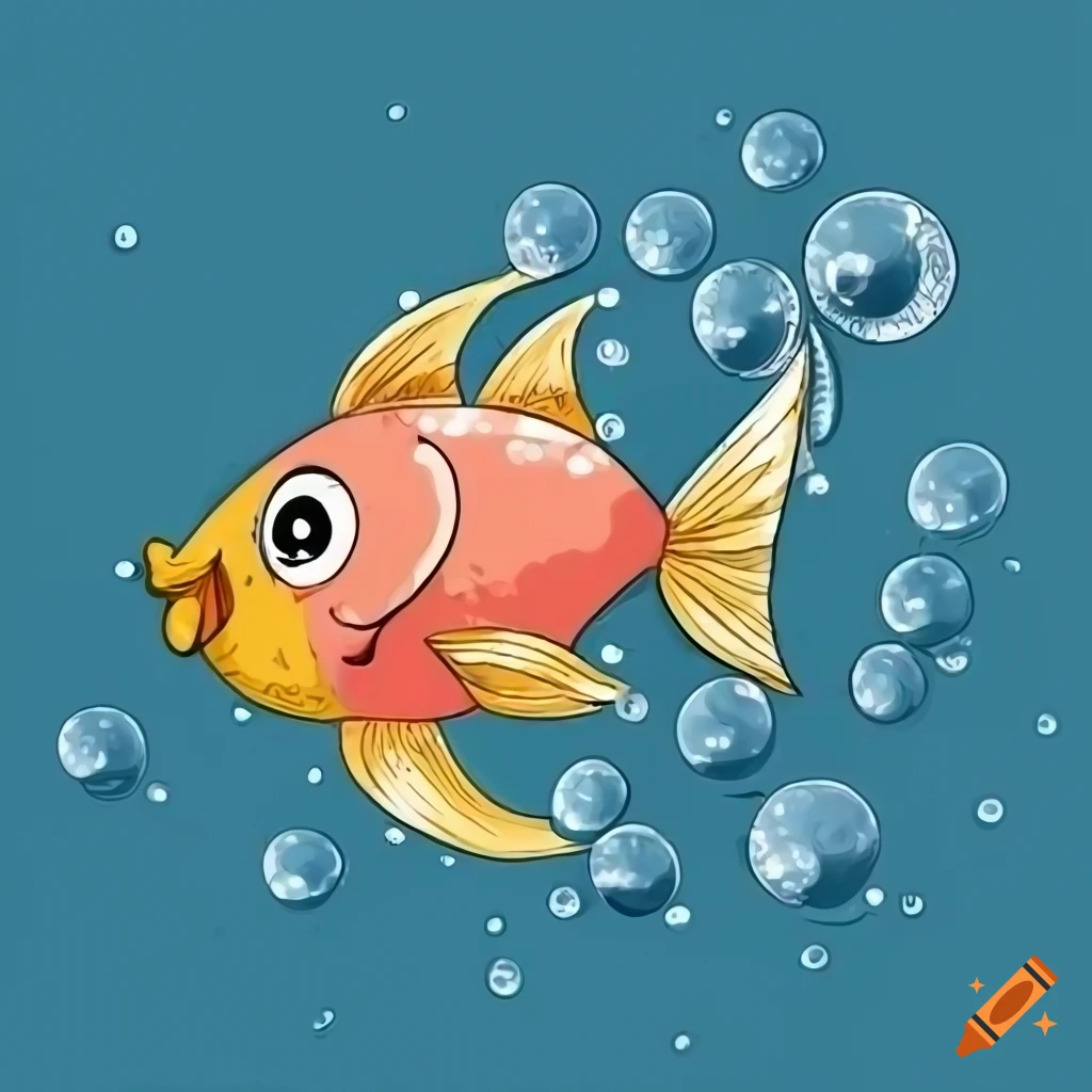Charming funny fish with bubbles in the water in a flat cartoon
