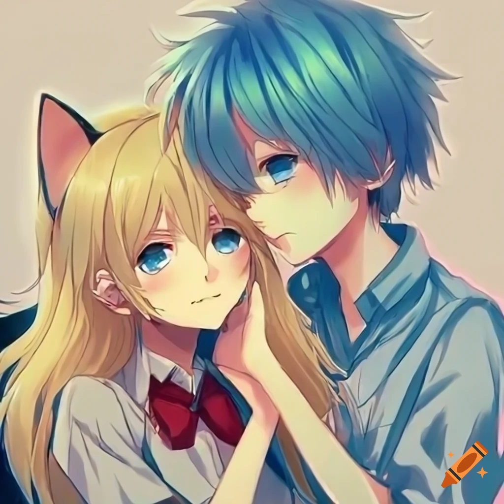 anime boy and girl best friends hugging