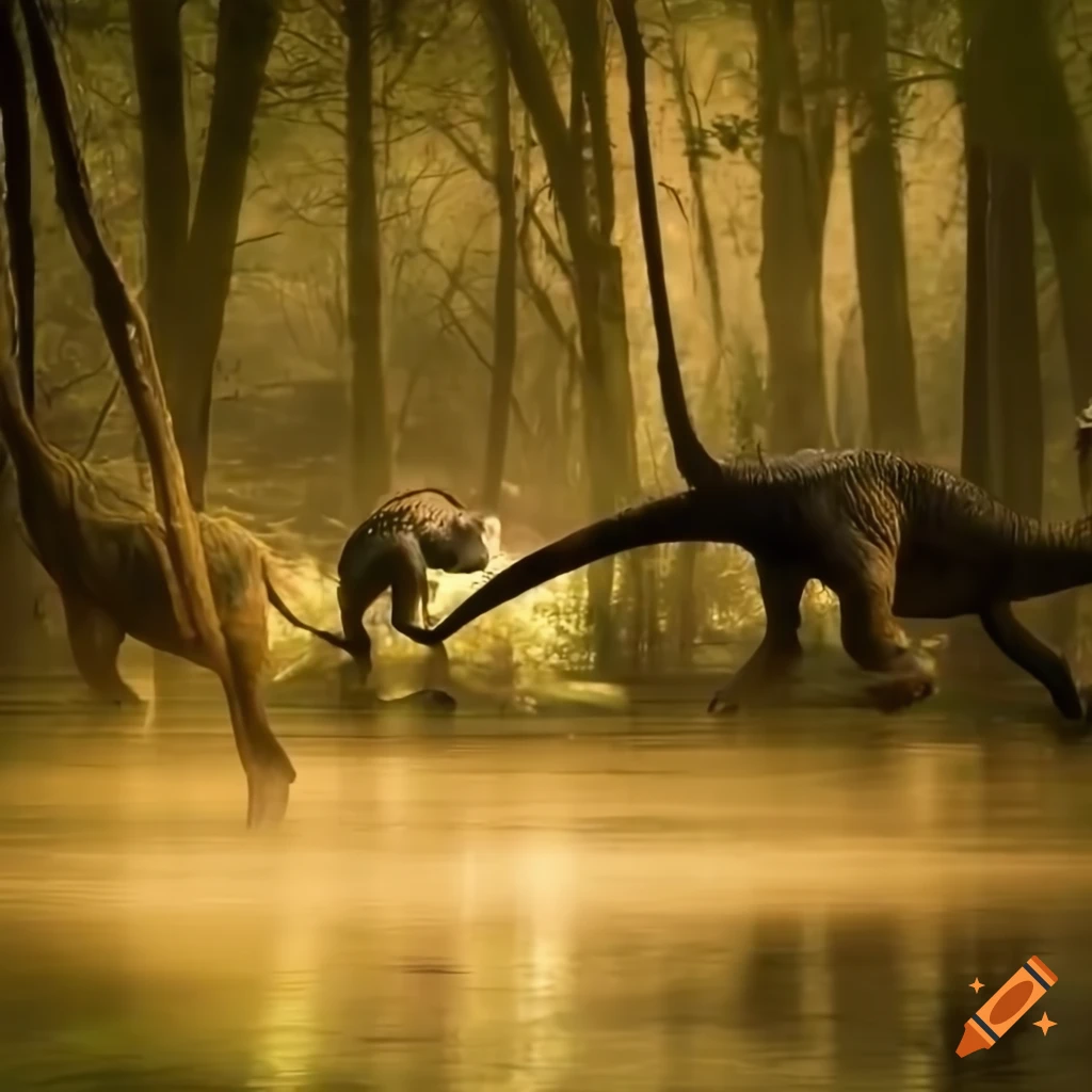Three young dinosaurs run from a large herbivore in a forest clearing with  a pond with some faleln branches, backlit in the morning against a gloomy  bushland background