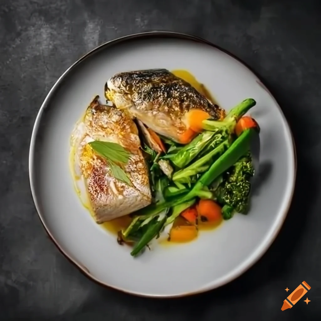 A photograph of the cooking recipe sea bass without the skin in a nut crust with steamed