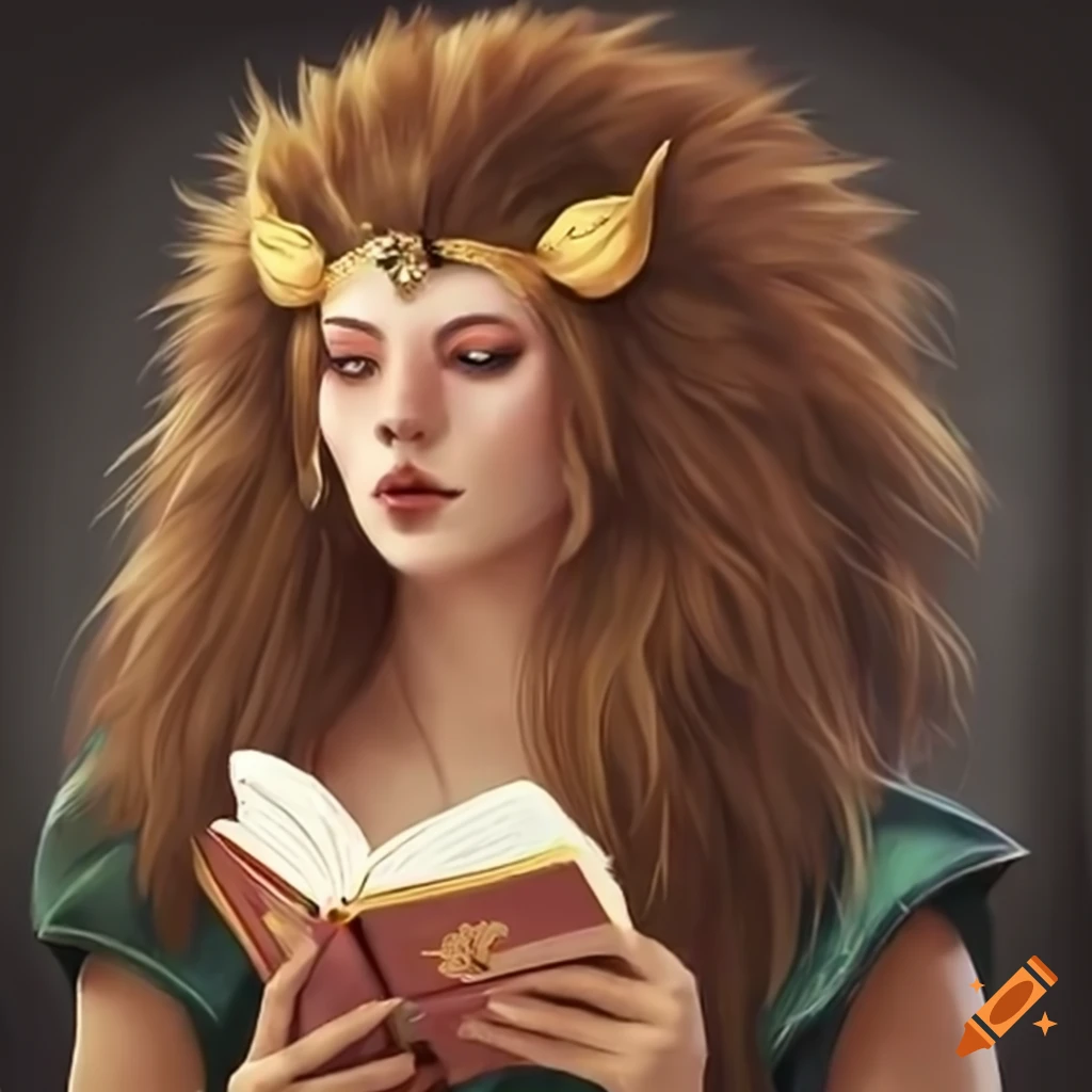 Fantasy style, lion hair girl reading magic book on Craiyon