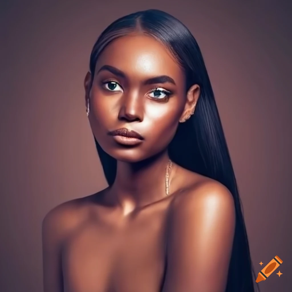 A portrait of a beautiful young woman with dark skin, long oval face ...