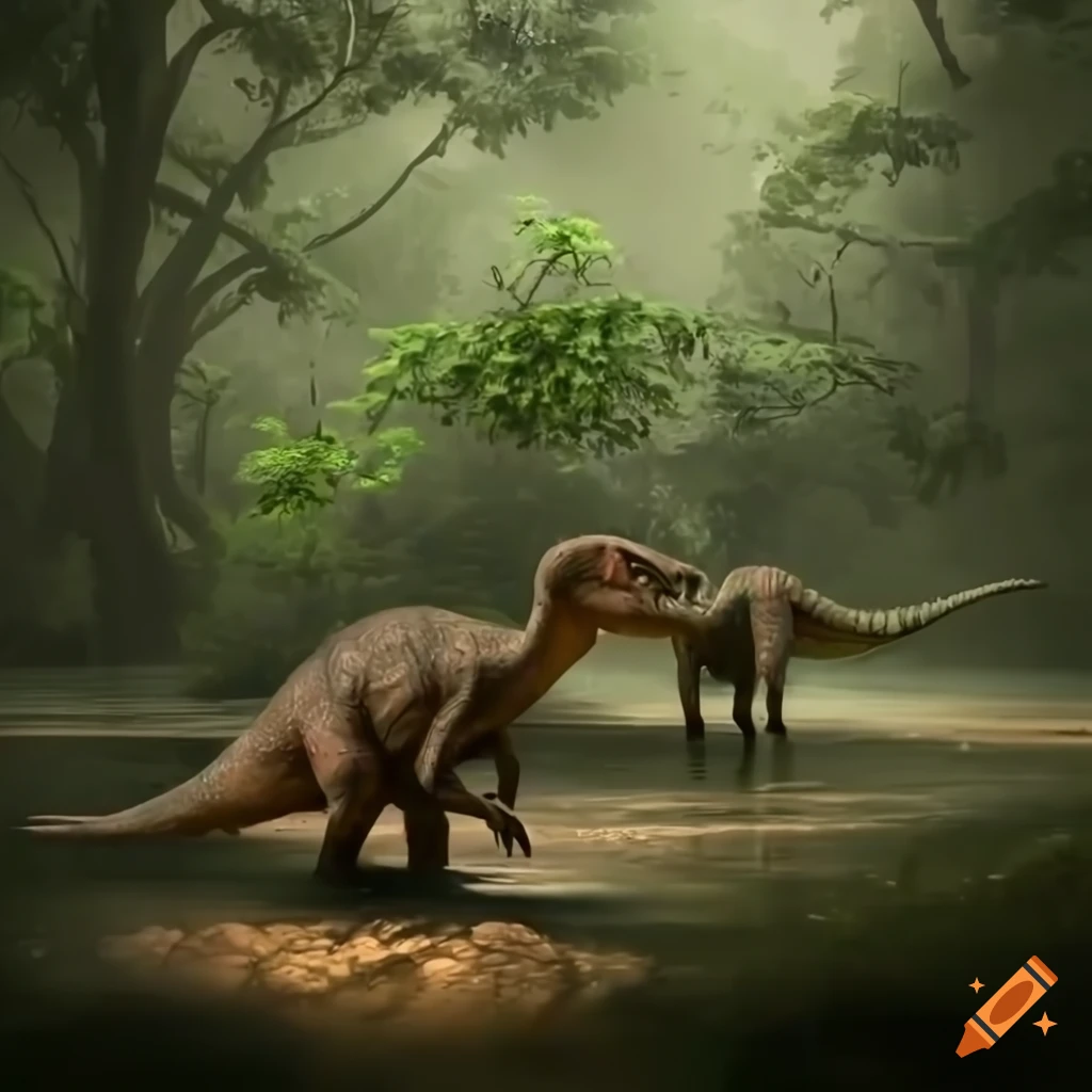 Three young dinosaurs run from a large herbivore in a forest