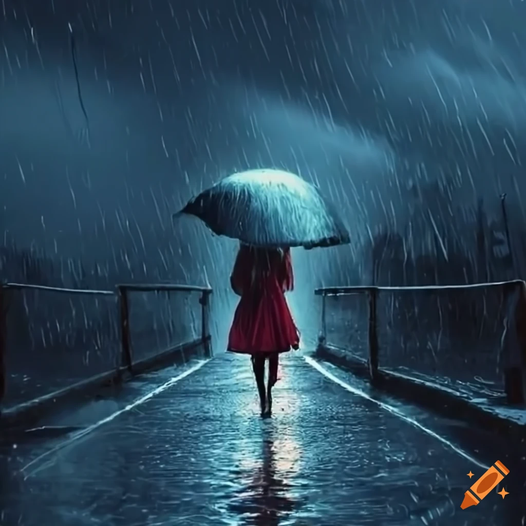 A girl walking in a raining evening on Craiyon