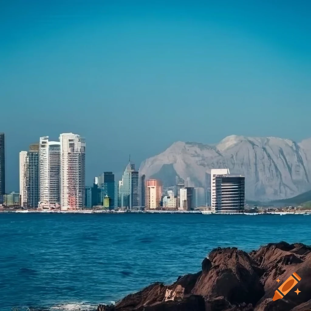 Wide view of a modern coastal city with mountains in background