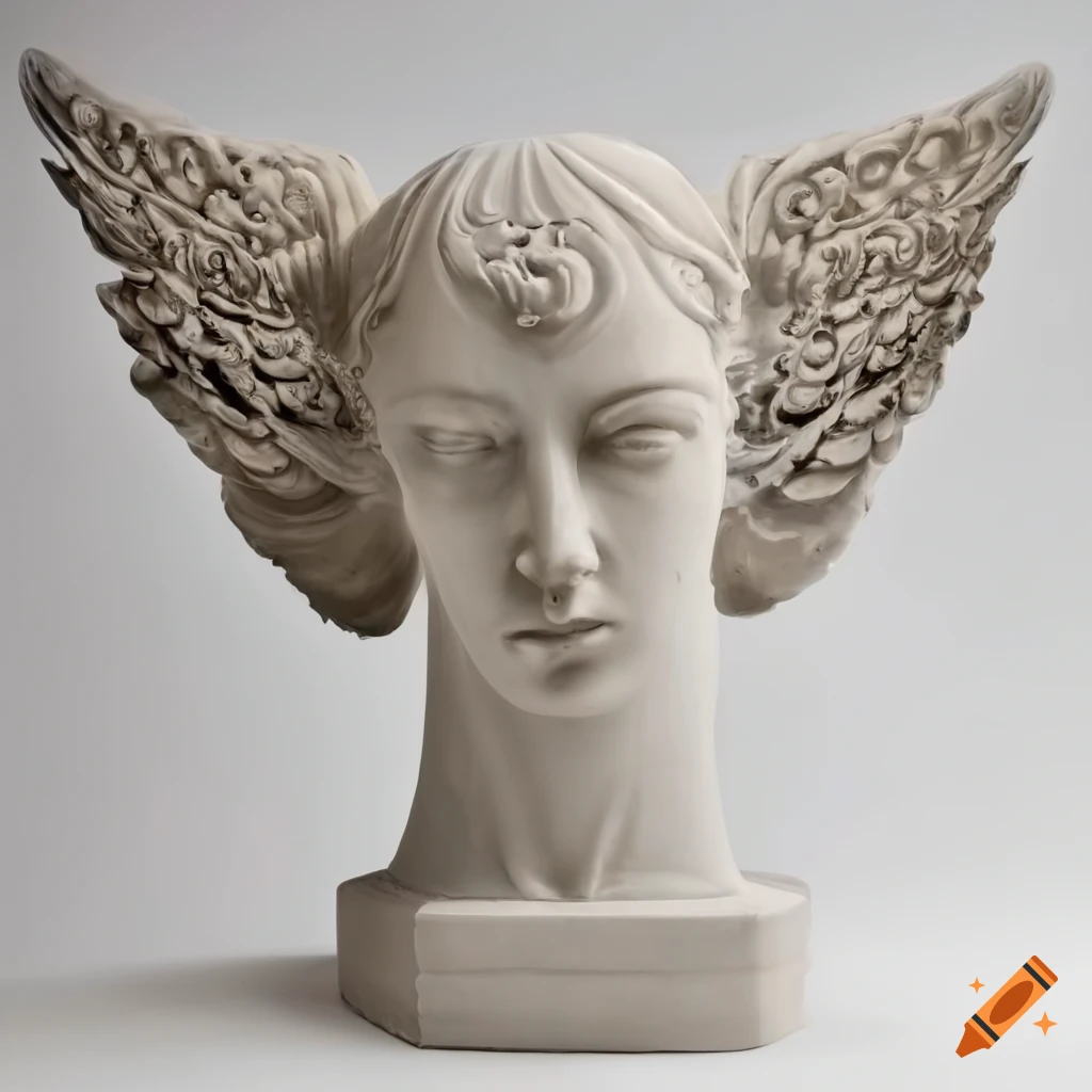 Surreal marble sculpture of a pair of wings holding a human head made