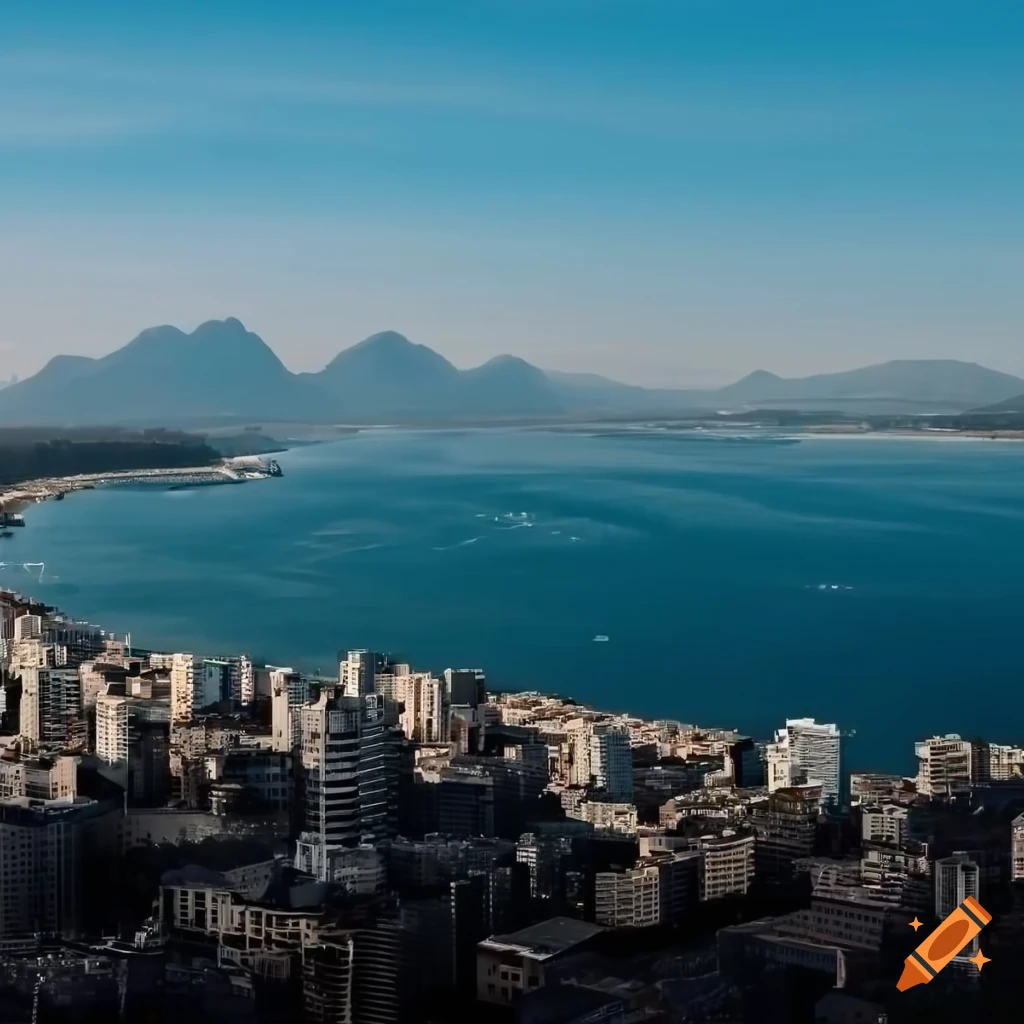 Wide view of a modern coastal city with mountains in background on Craiyon