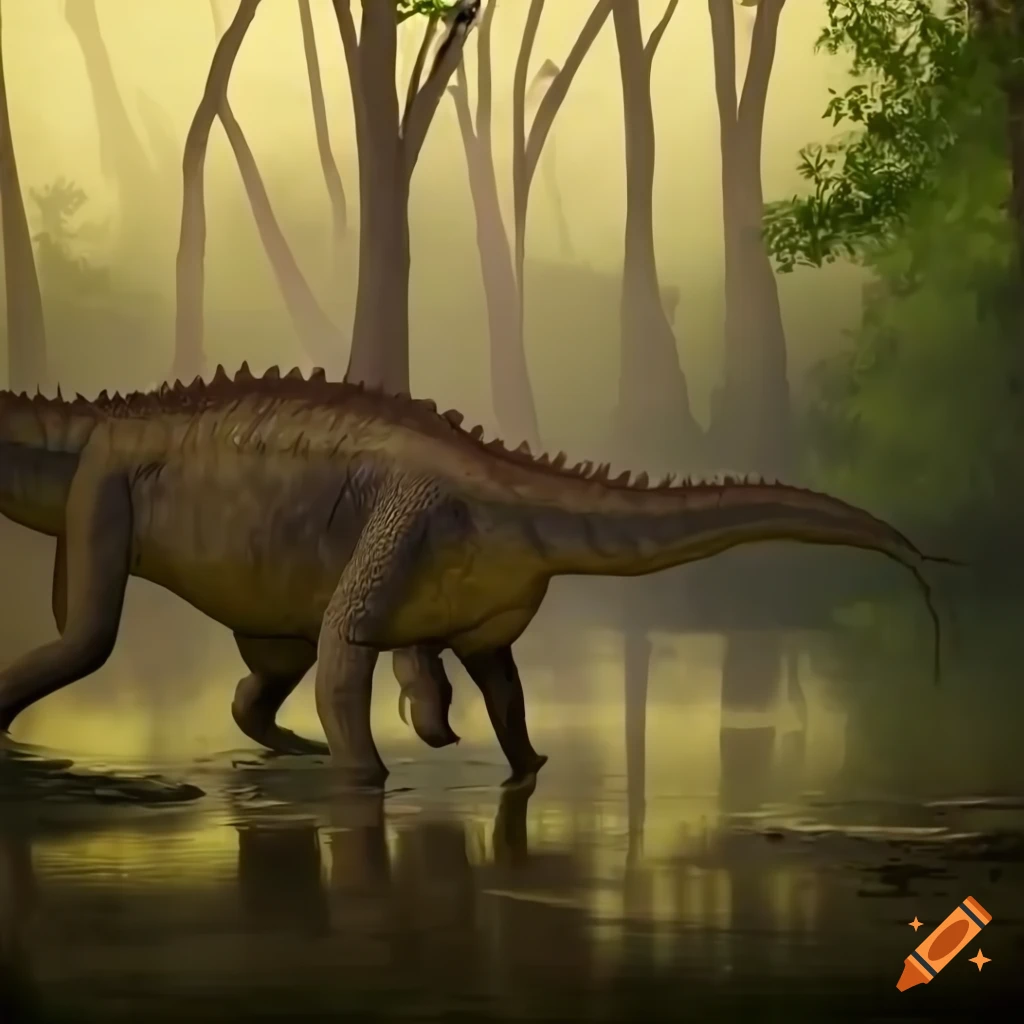 Three young dinosaurs run from a large herbivore in a forest