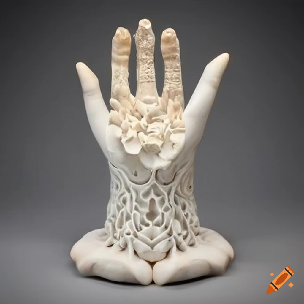 Surreal marble sculpture of a hand emerging from a lotus flower