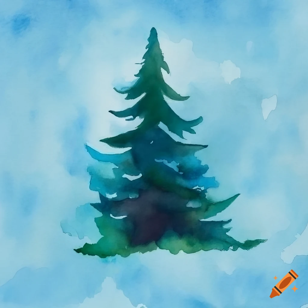 Watercolor pine tree forest with blue skies on Craiyon