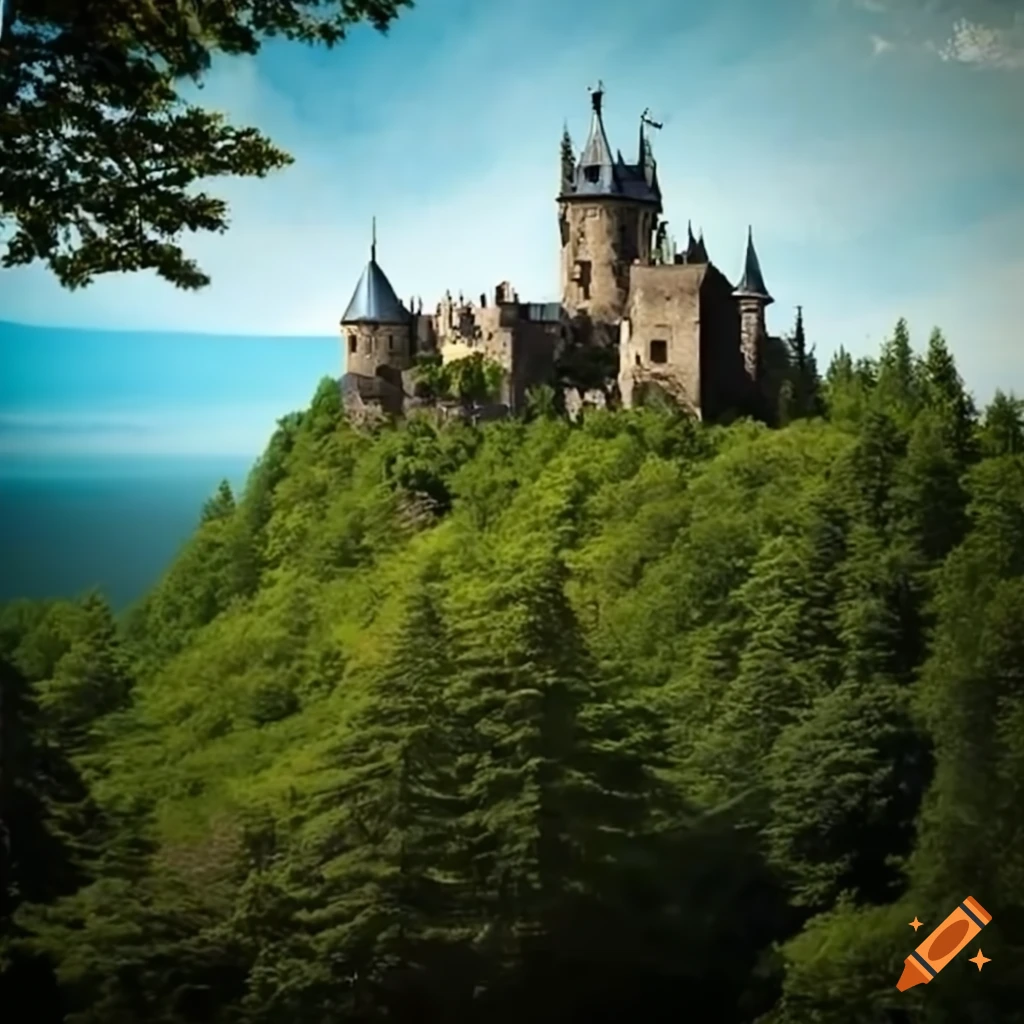 A castle on a mountain overlooking a river, surrounded by trees on Craiyon