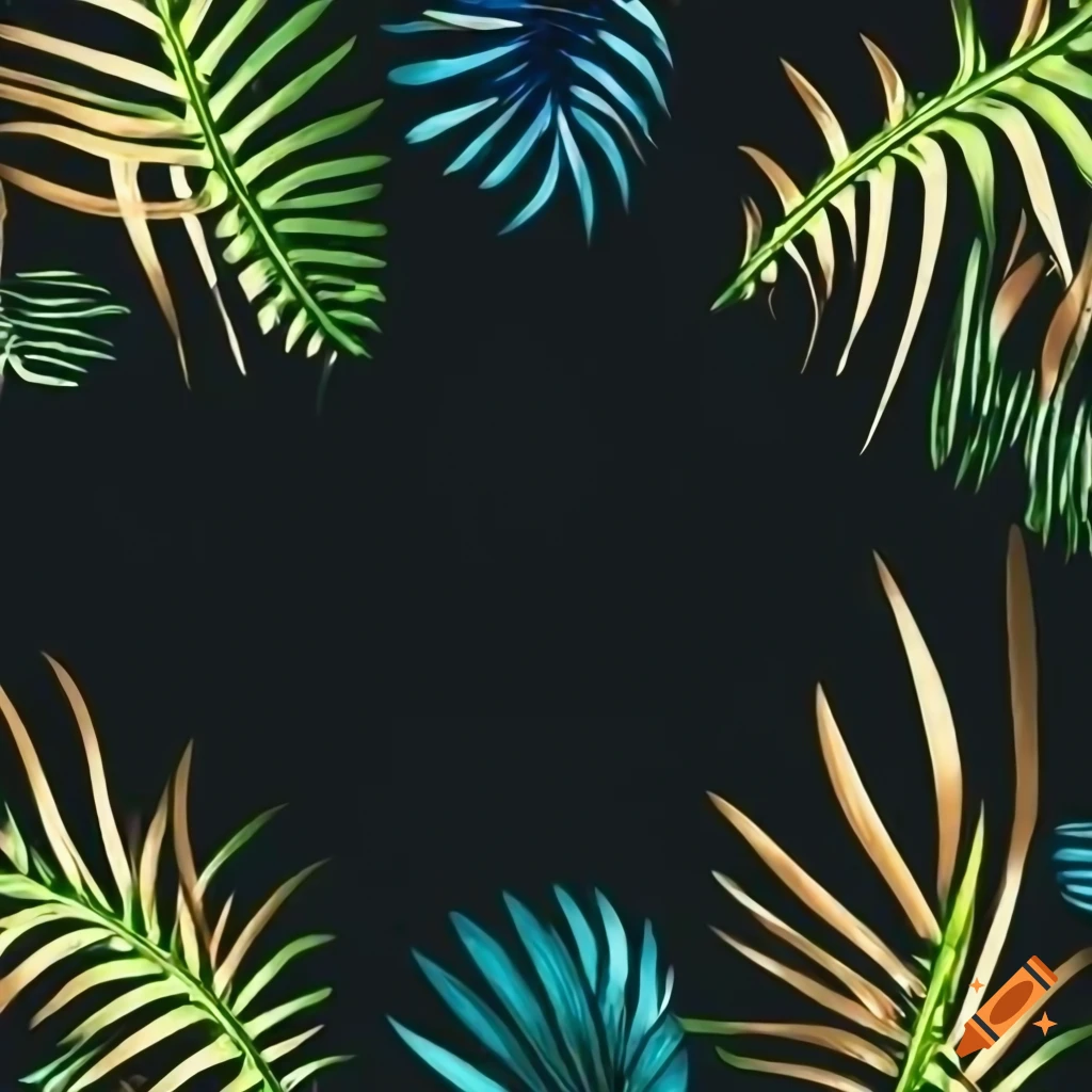 Tropical leaves frame flowers black background on Craiyon