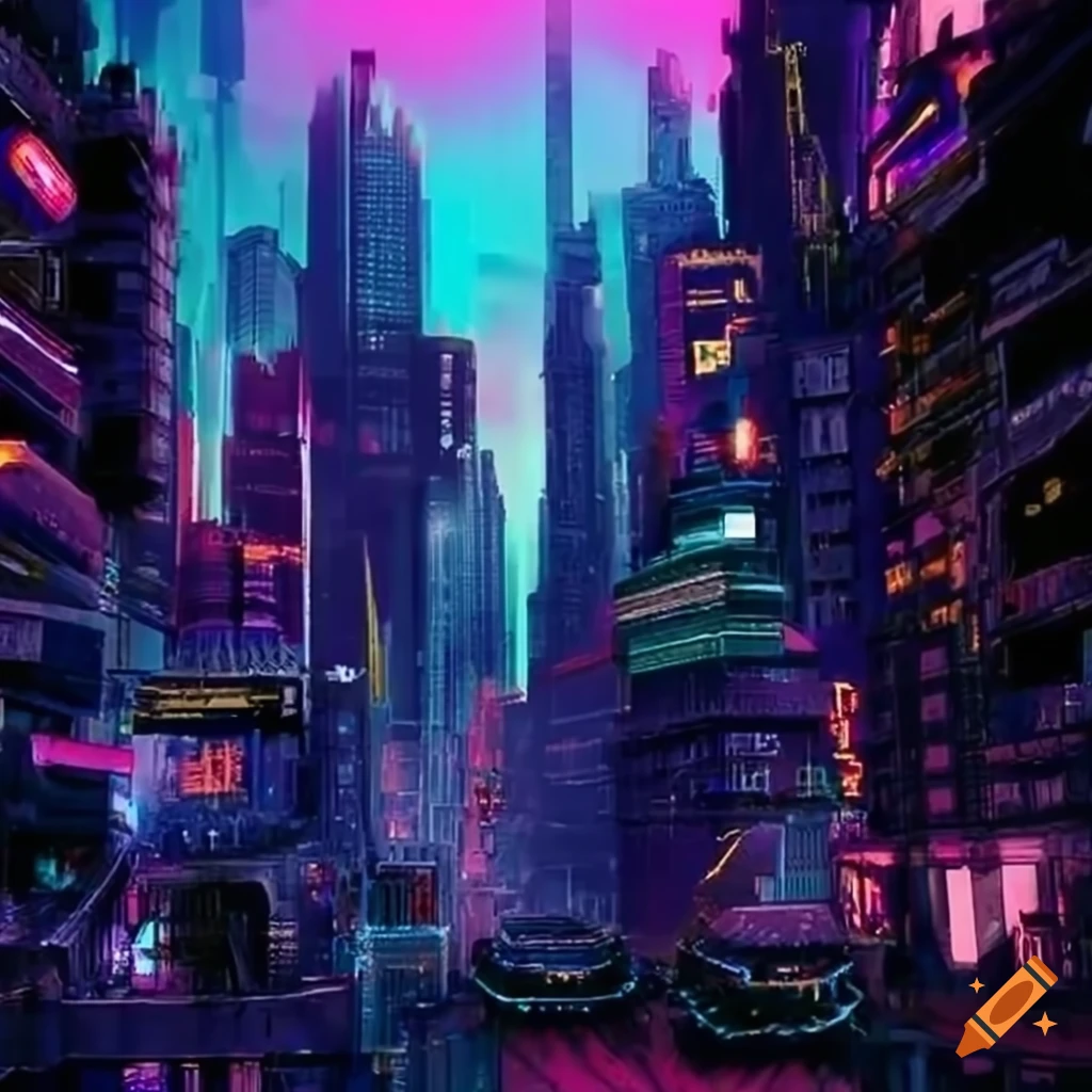 The neon-lit streets of a cyberpunk anime night city with this