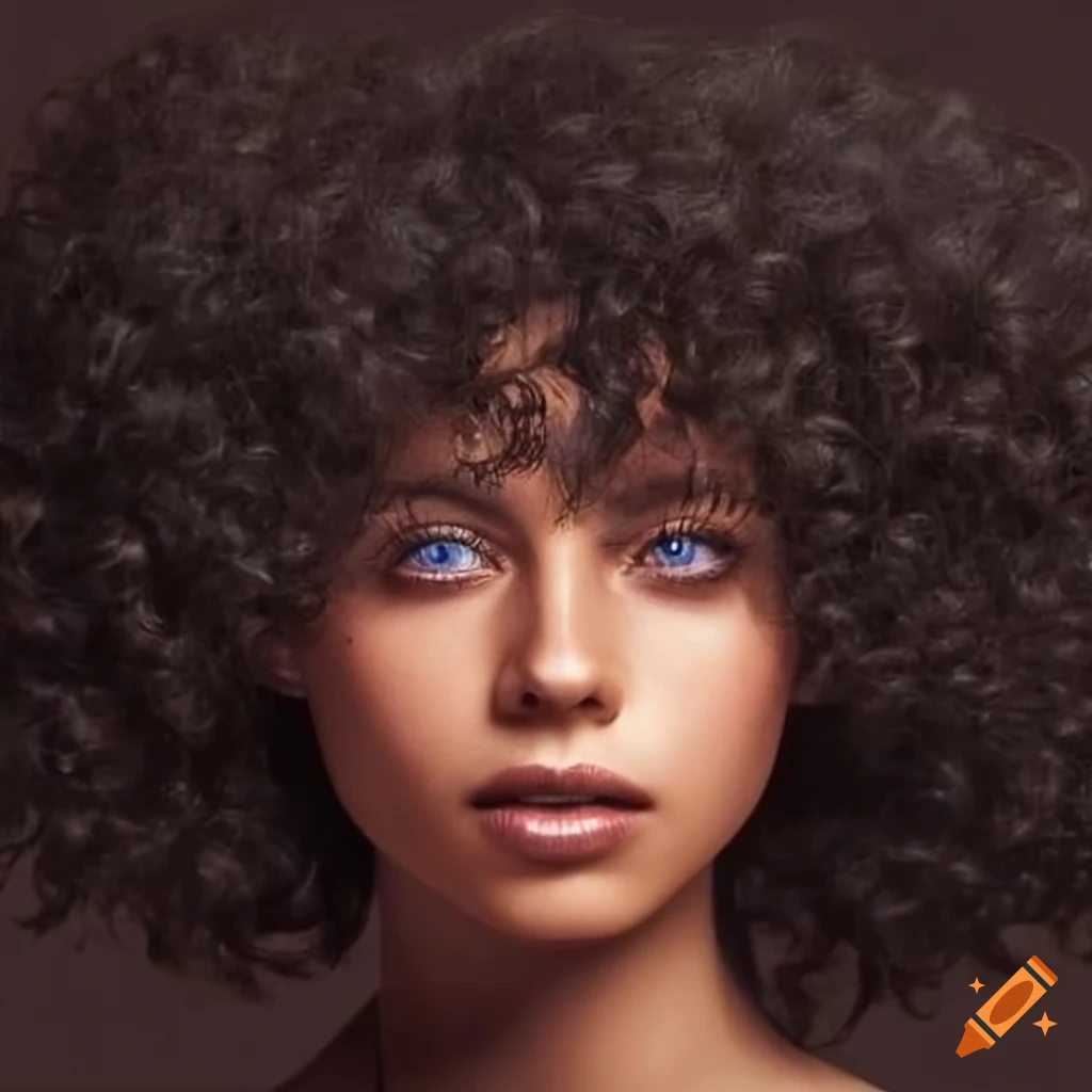 A young woman with curly black hair, olive skin and violet eyes
