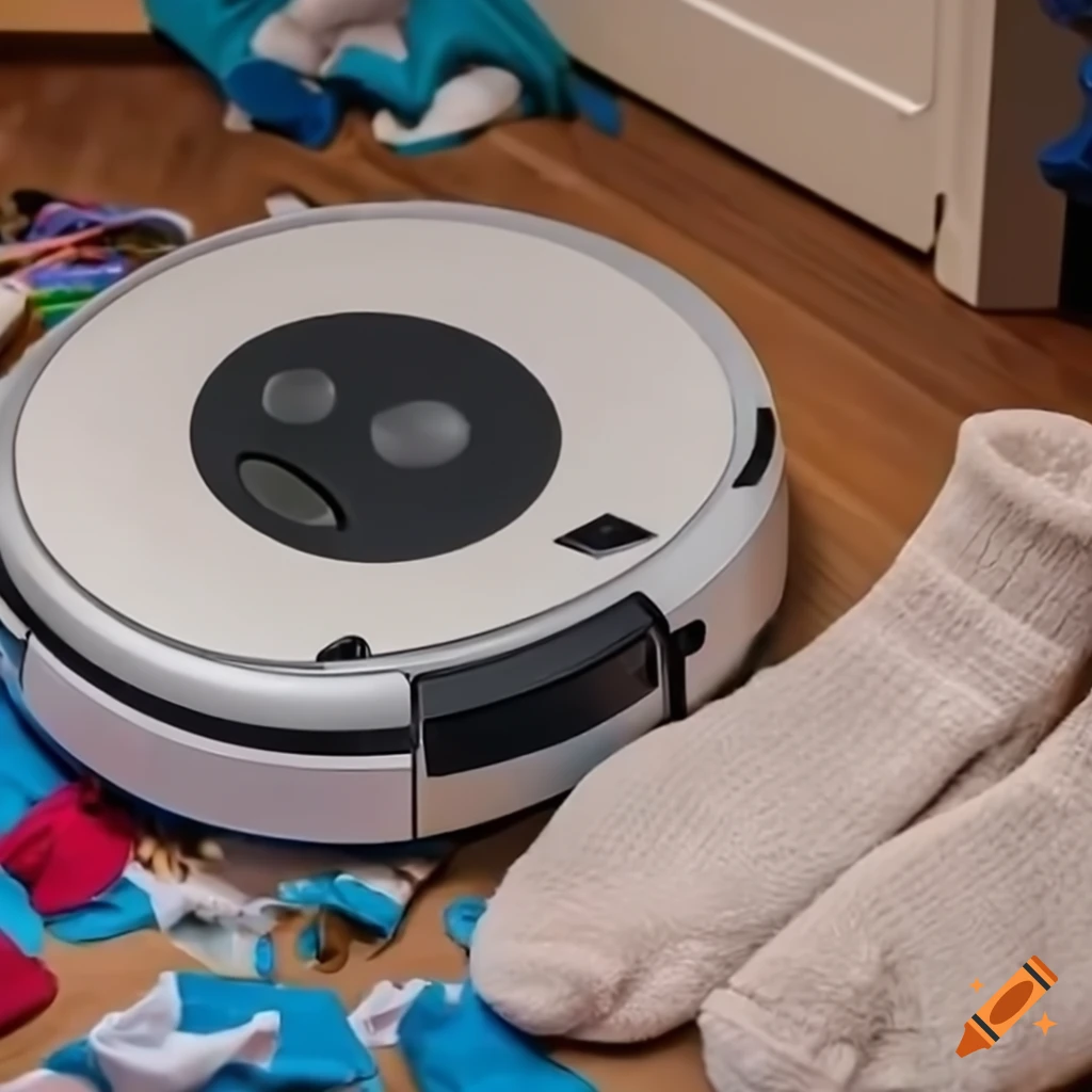 Robot vacuum navigating through a messy room, it is stuck with socks
