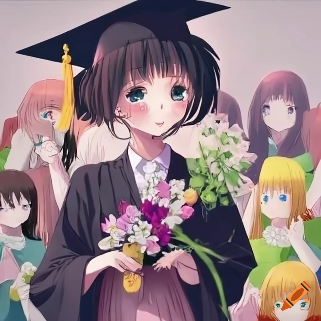 Anime young woman holding flowers after graduation, surrounded by  schoolmates on Craiyon