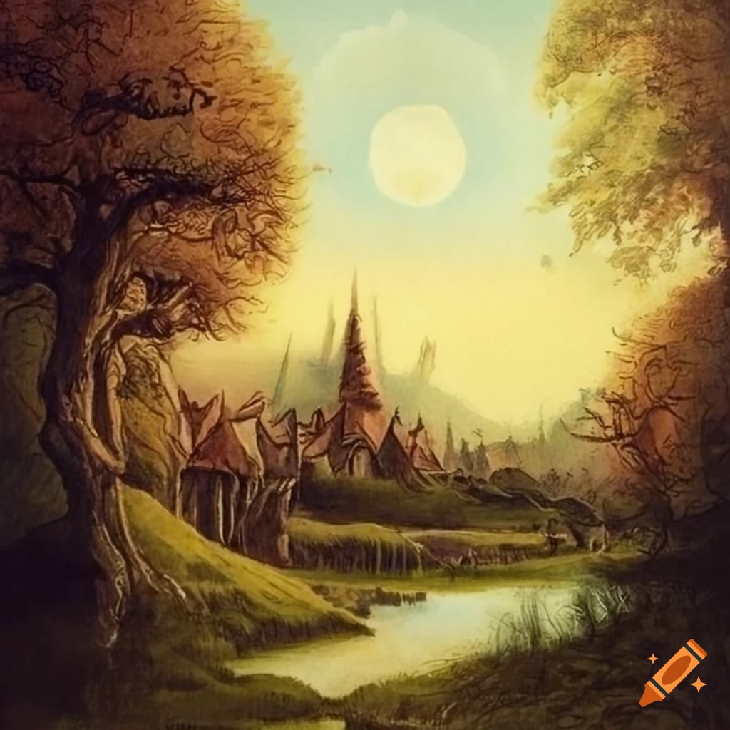 Landscape from tale by J.R.R. Tolkien, drawn by Rosiński