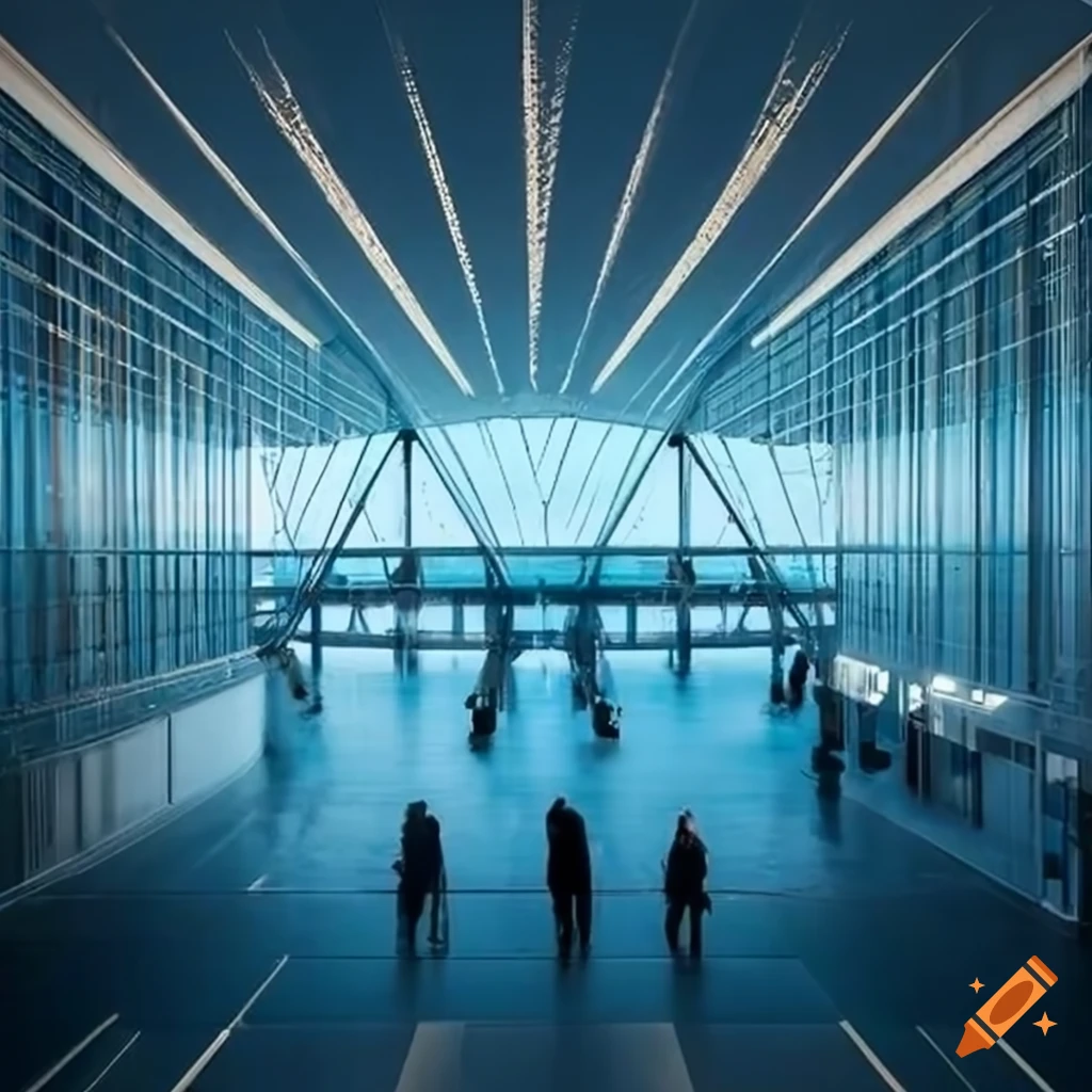 Long bar airport terminal building with soundwaves inspired skylight