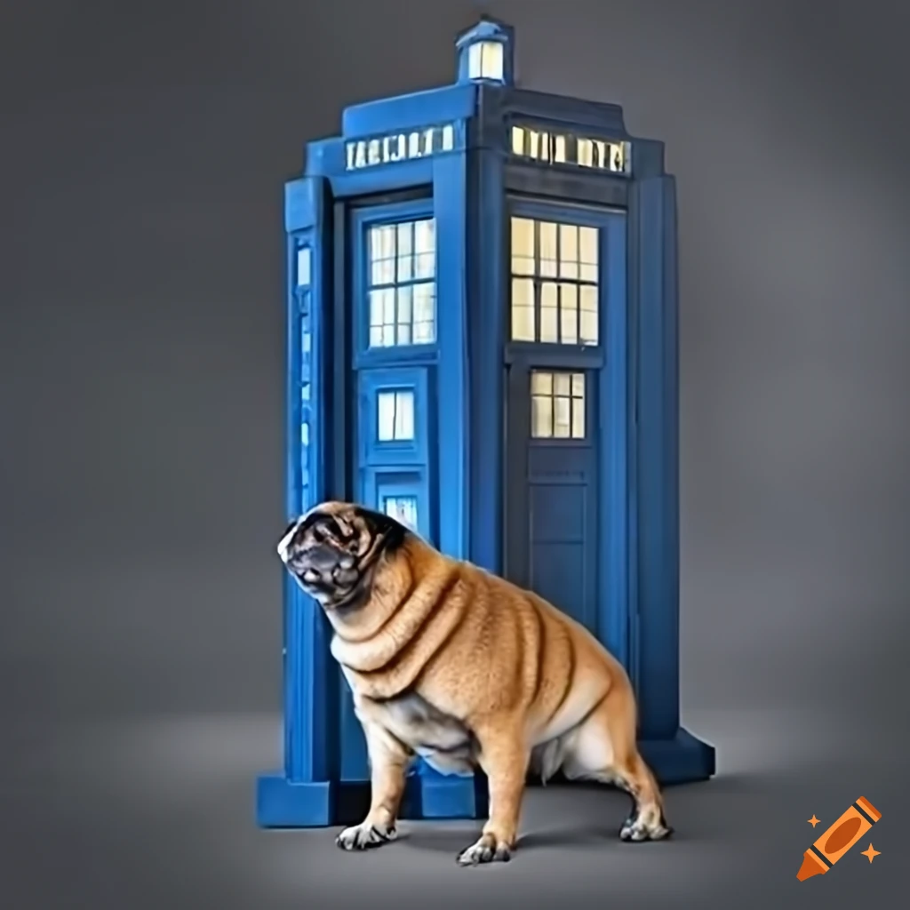 Photo of a pug and the TARDIS, full body, photorealistic, HD, sharp focus