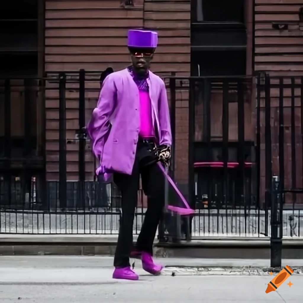 Black man with dark pink pants, purple top hat, purple vest and pink shirt  with a cane walks down the street in new york on Craiyon