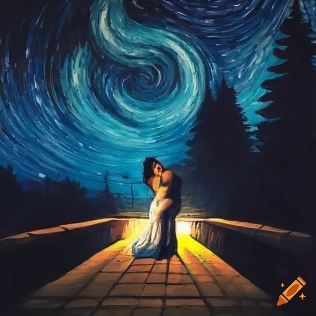 A kiss on a garden bridge under the starry night