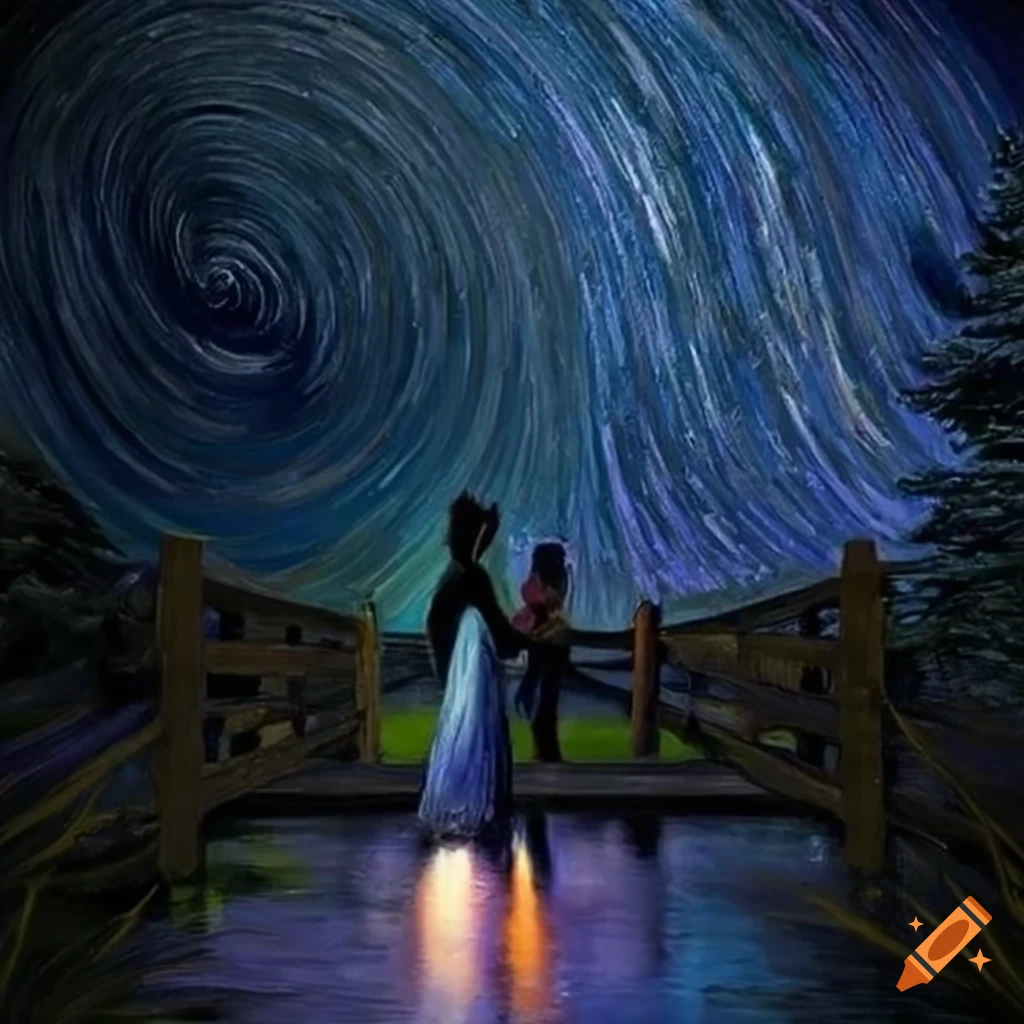 A kiss on a garden bridge under the starry night