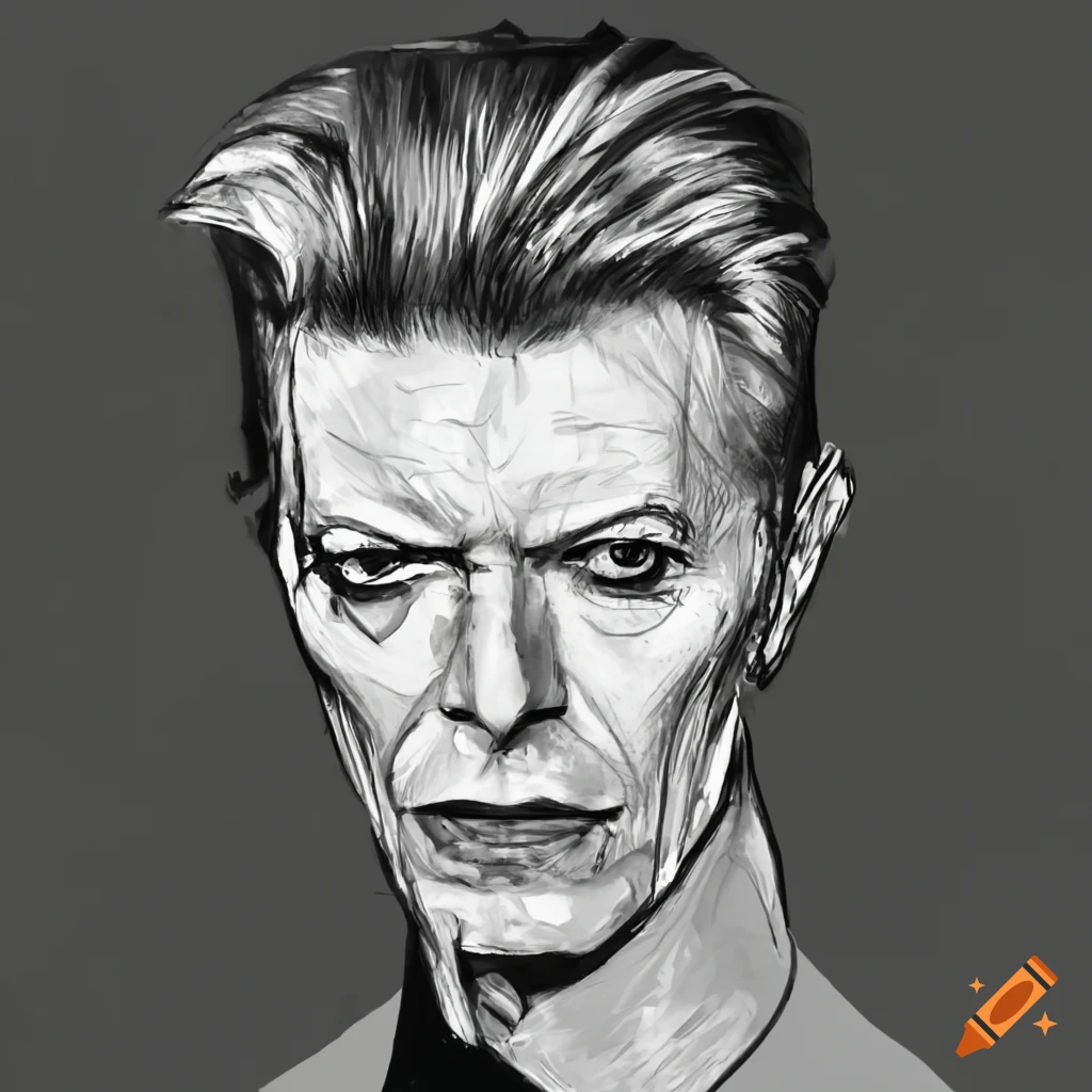 david bowie walking in Granada in the rain black and white drawing in egon schiele style