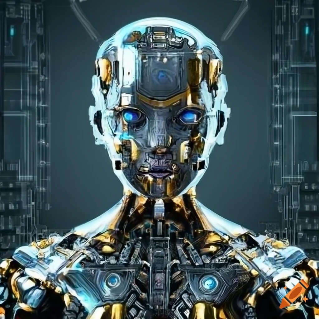 Fantasy futuristic sci-fi shiny cyborg robot android portrait, gold and ...