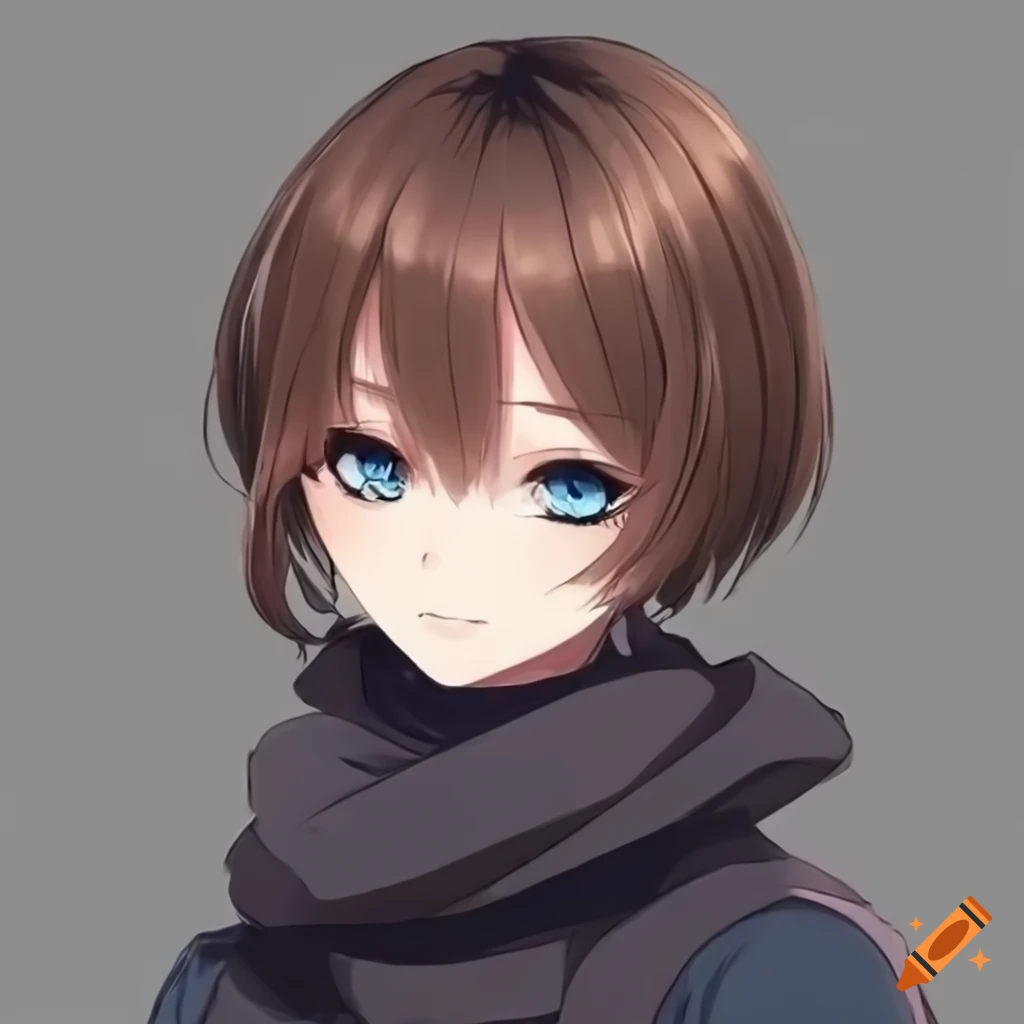 Anime style, woman with brown short hair, french bob hairstyle