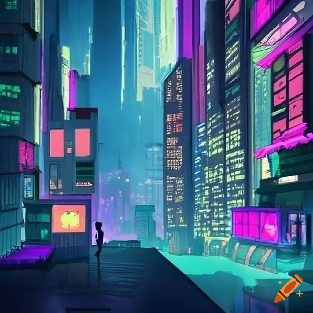 to the sprawling metropolis of neotek, a vivid and pulsating