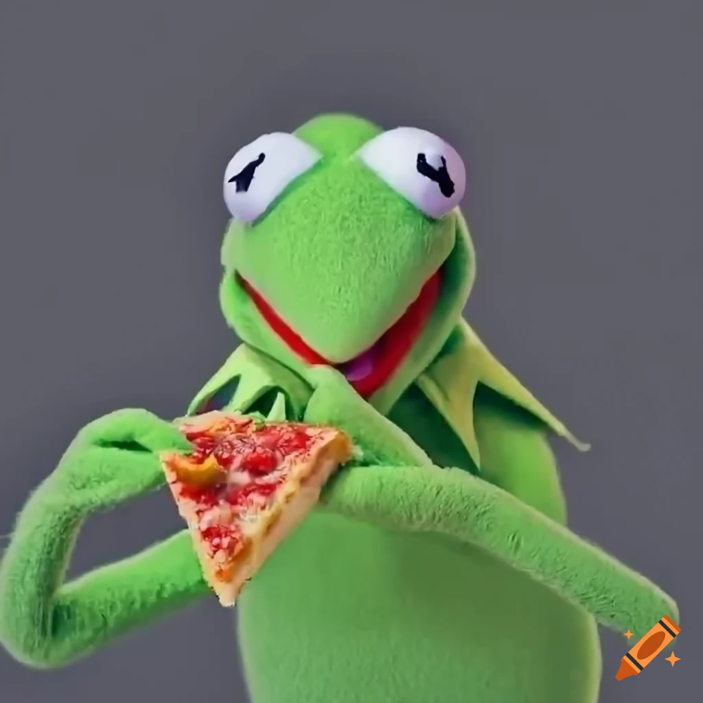 Kermit eating pizza, trending on art station, masterpiece, 4k, 8k, photorealistic