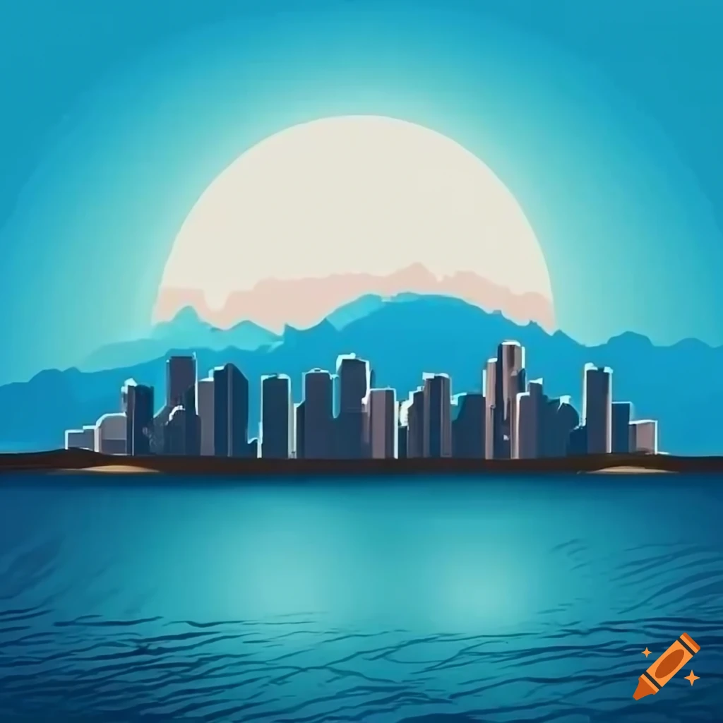 Wide view of a modern coastal city with mountains in background