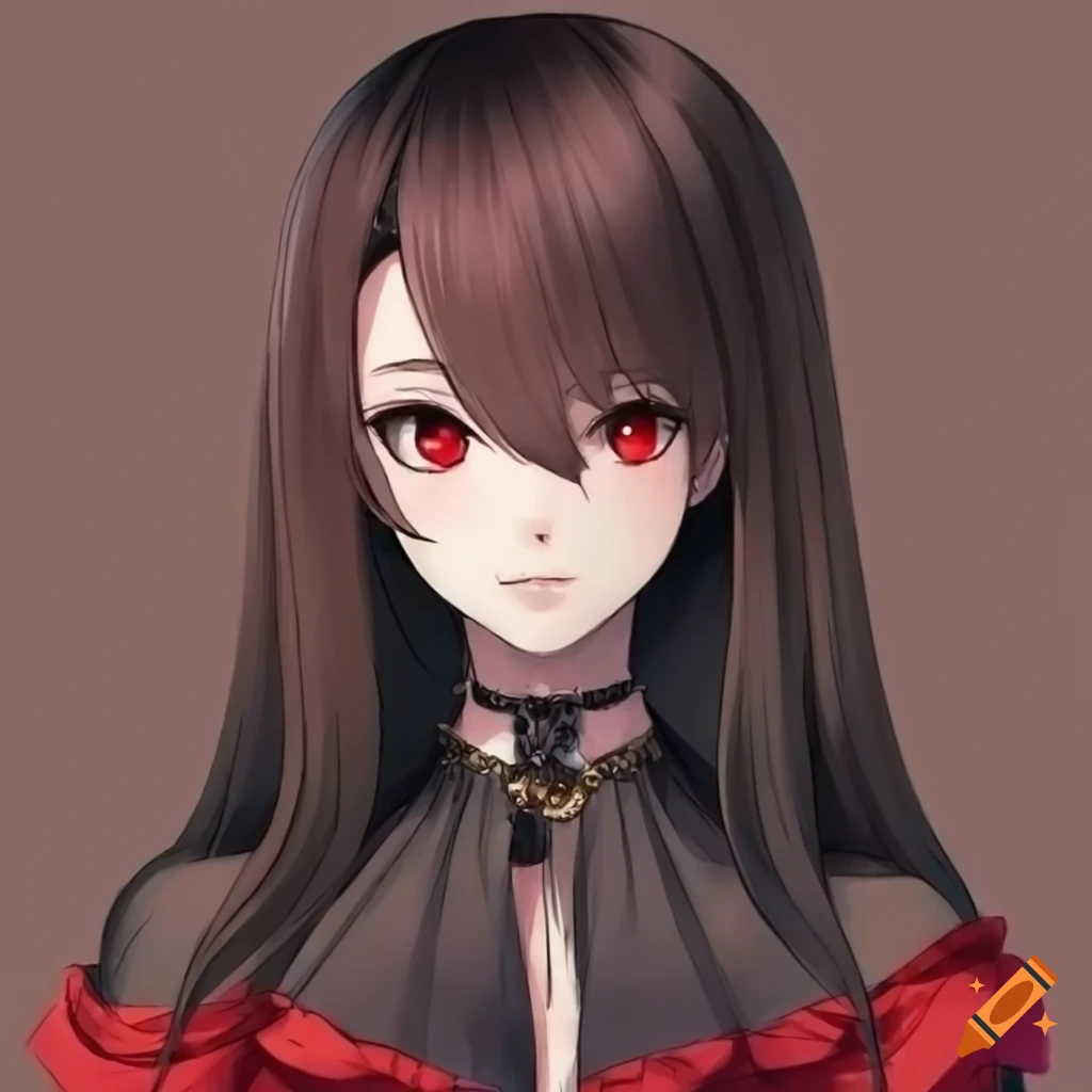 A young woman, manga style. has red eyes . has dark brown hair , in a  square haircut. wears a black dress and a red skirt. wears a little golden  crown