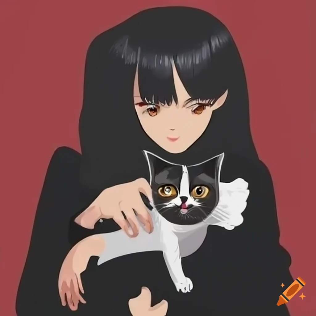 Black haired anime girl with brown eyes holding a tuxedo cat