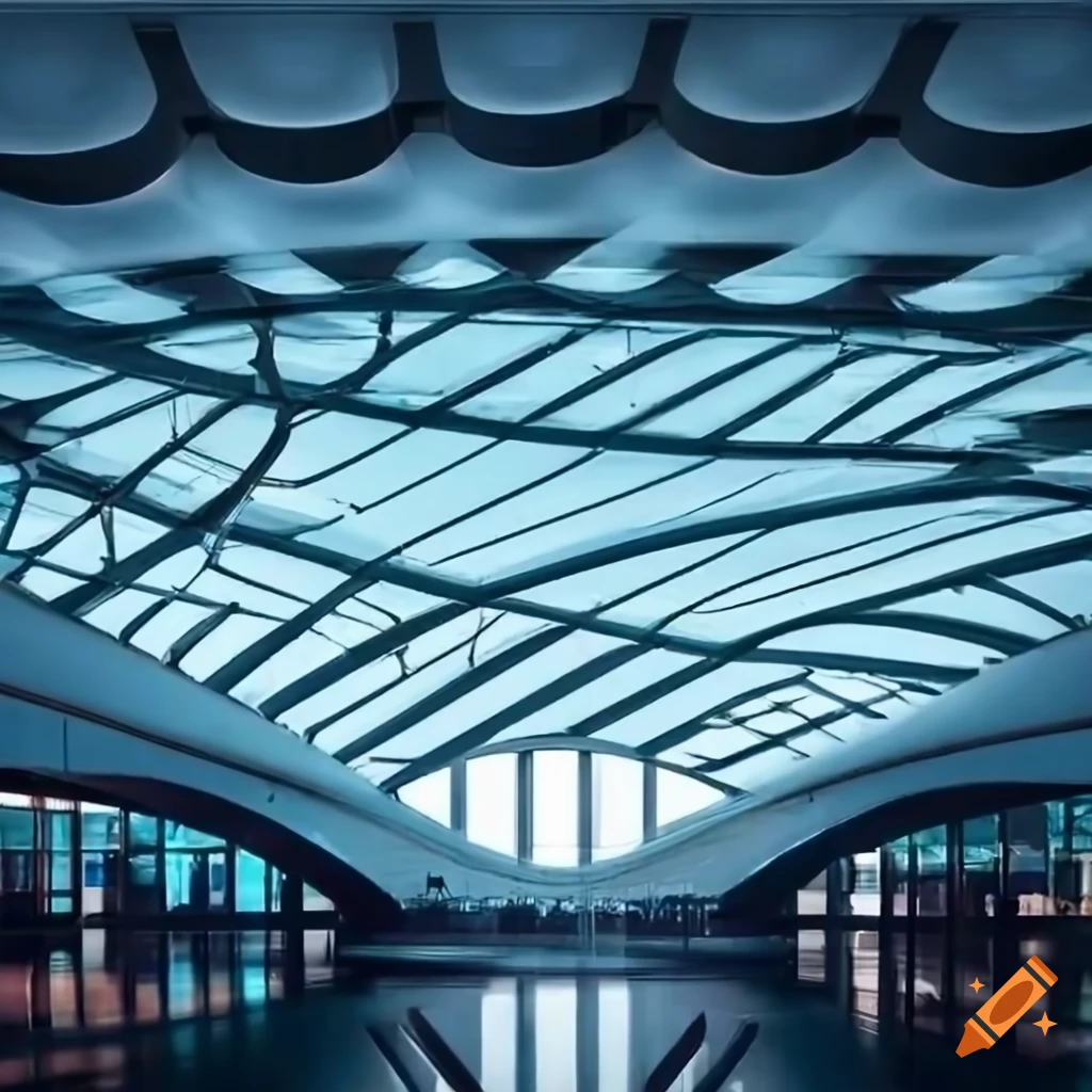 Long bar airport terminal building with soundwaves inspired skylight