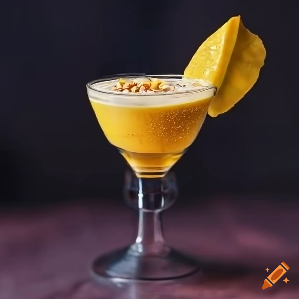 High definition picture of a mango shake in a fancy old fashioned soda