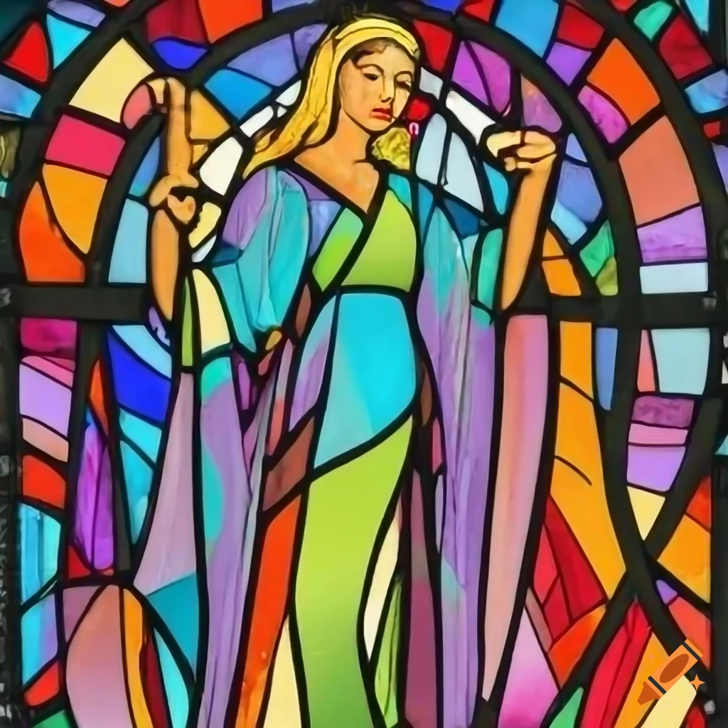 Stained glass image of a woman in a beautiful and colourful robe ...