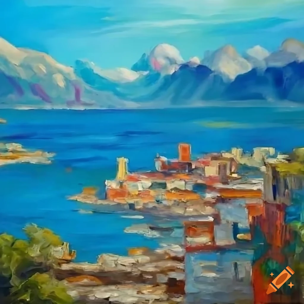 Wide view of a modern coastal city with mountains in background on Craiyon