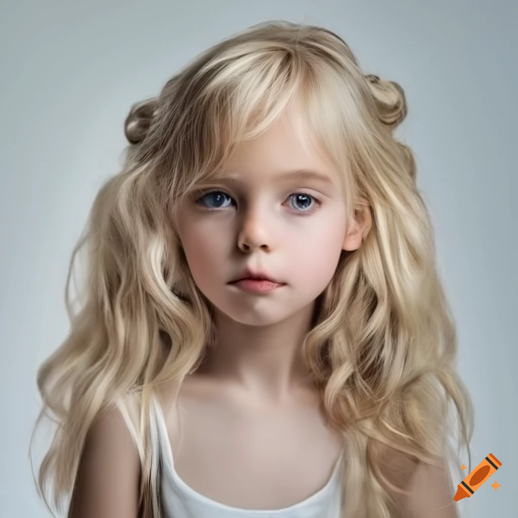 White background kids hair blonde , portrait, hyper realistic sharp focus