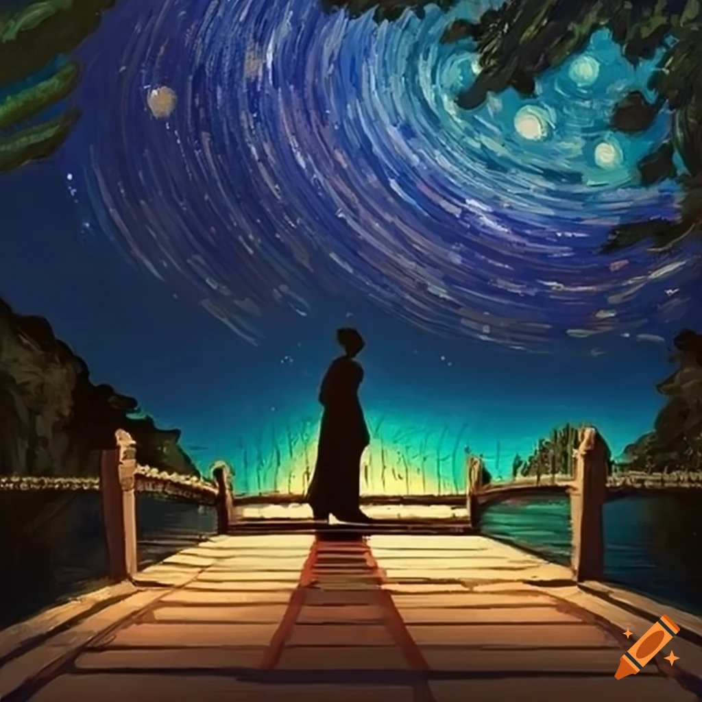 A kiss on a garden bridge under a starry night on Craiyon
