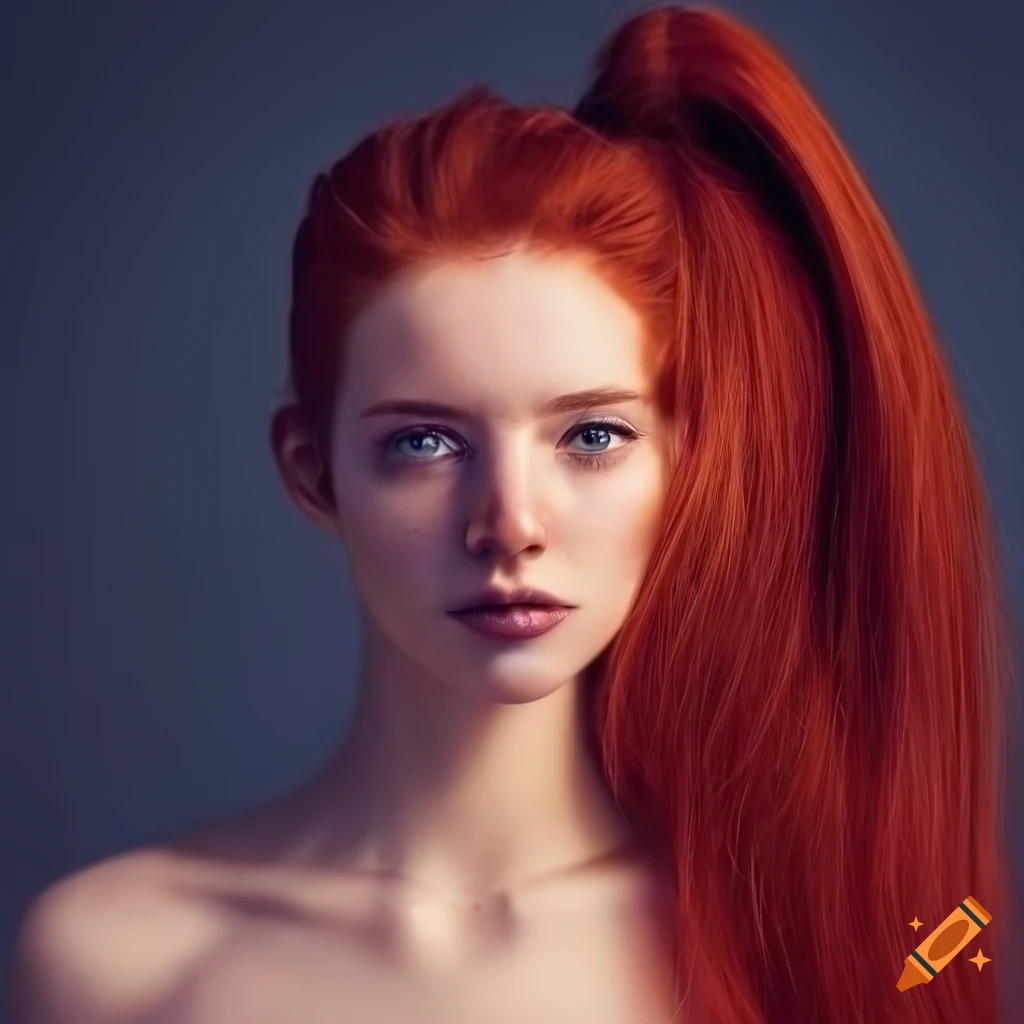A portrait of a young woman with dark red hair in a high ponytail with ...