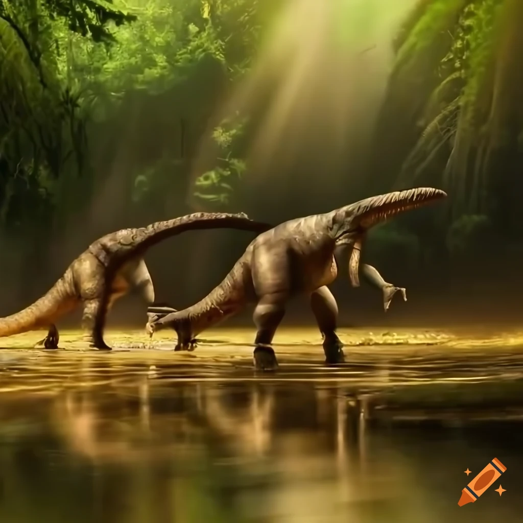 Three young dinosaurs run from a large herbivore in a forest clearing with  a pond with some faleln branches, backlit in the morning against a gloomy  bushland background