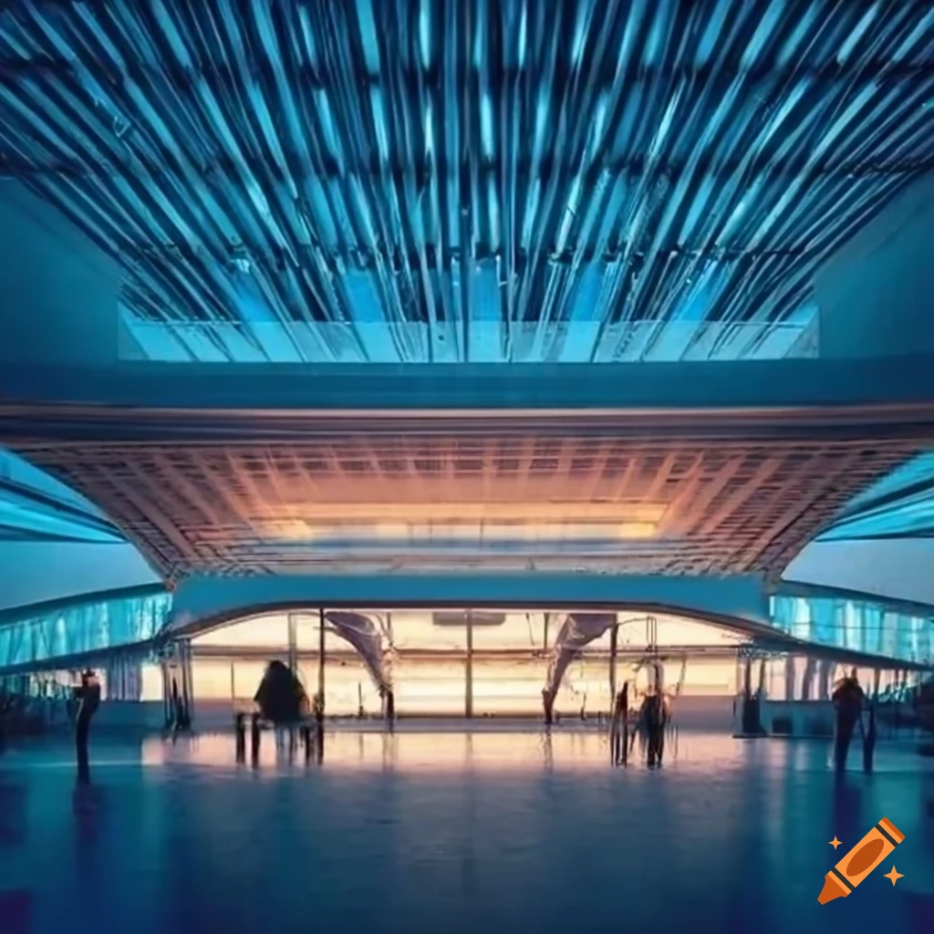 Long bar airport terminal building with soundwaves inspired skylight