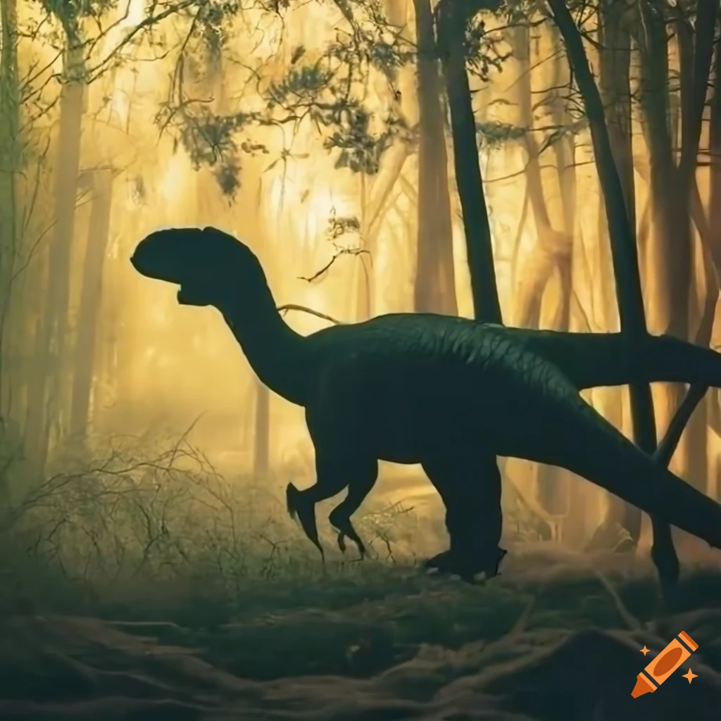 Three young dinosaurs run from a large herbivore in a forest clearing with  a pond with some faleln branches, backlit in the morning against a gloomy  bushland background